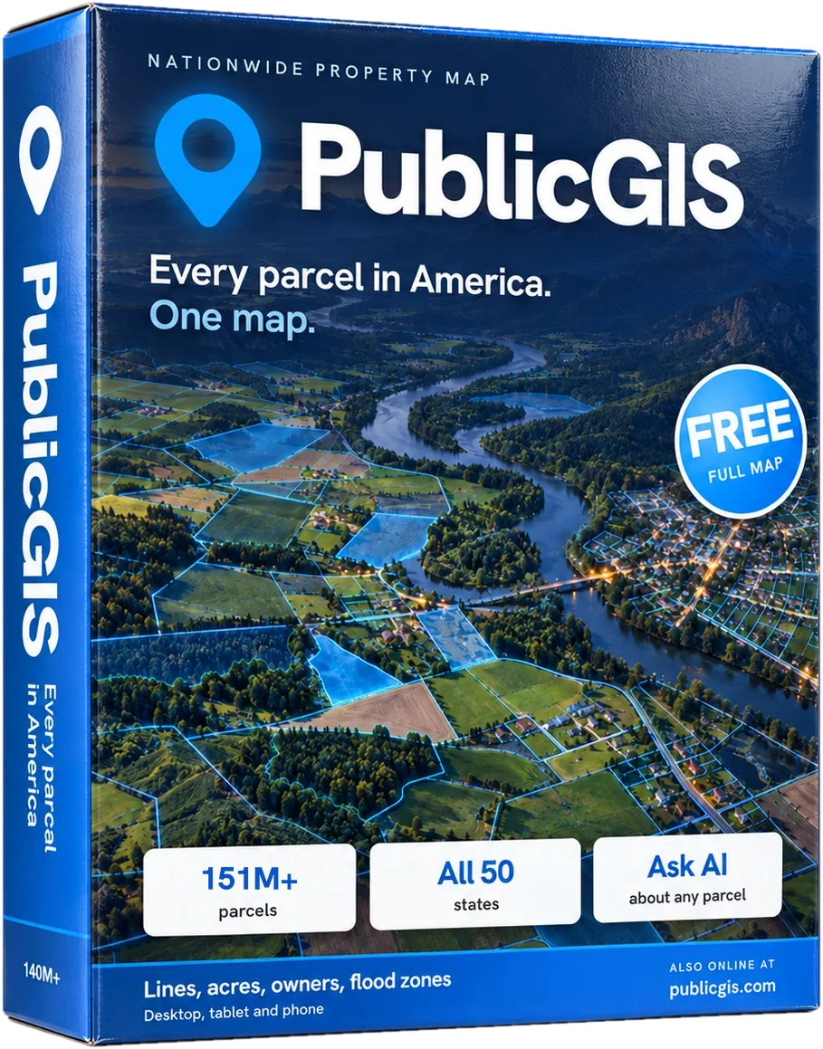 PublicGIS drawn as a boxed software package reading Every parcel in America. One map.