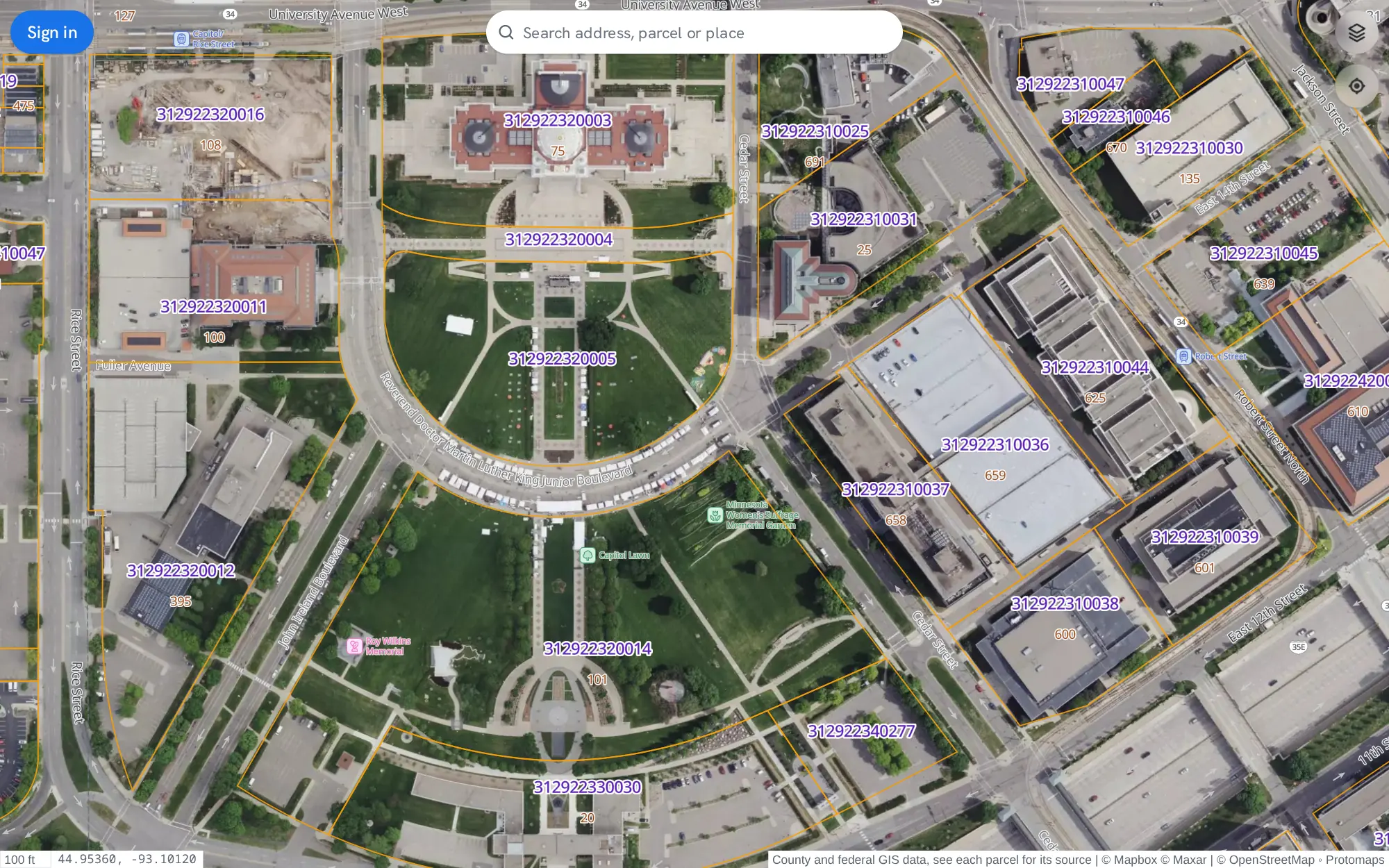 The PublicGIS map over the Minnesota State Capitol in Saint Paul, with a cursor clicking the Capitol and three state office parcels around it, each opening its public record beside the map