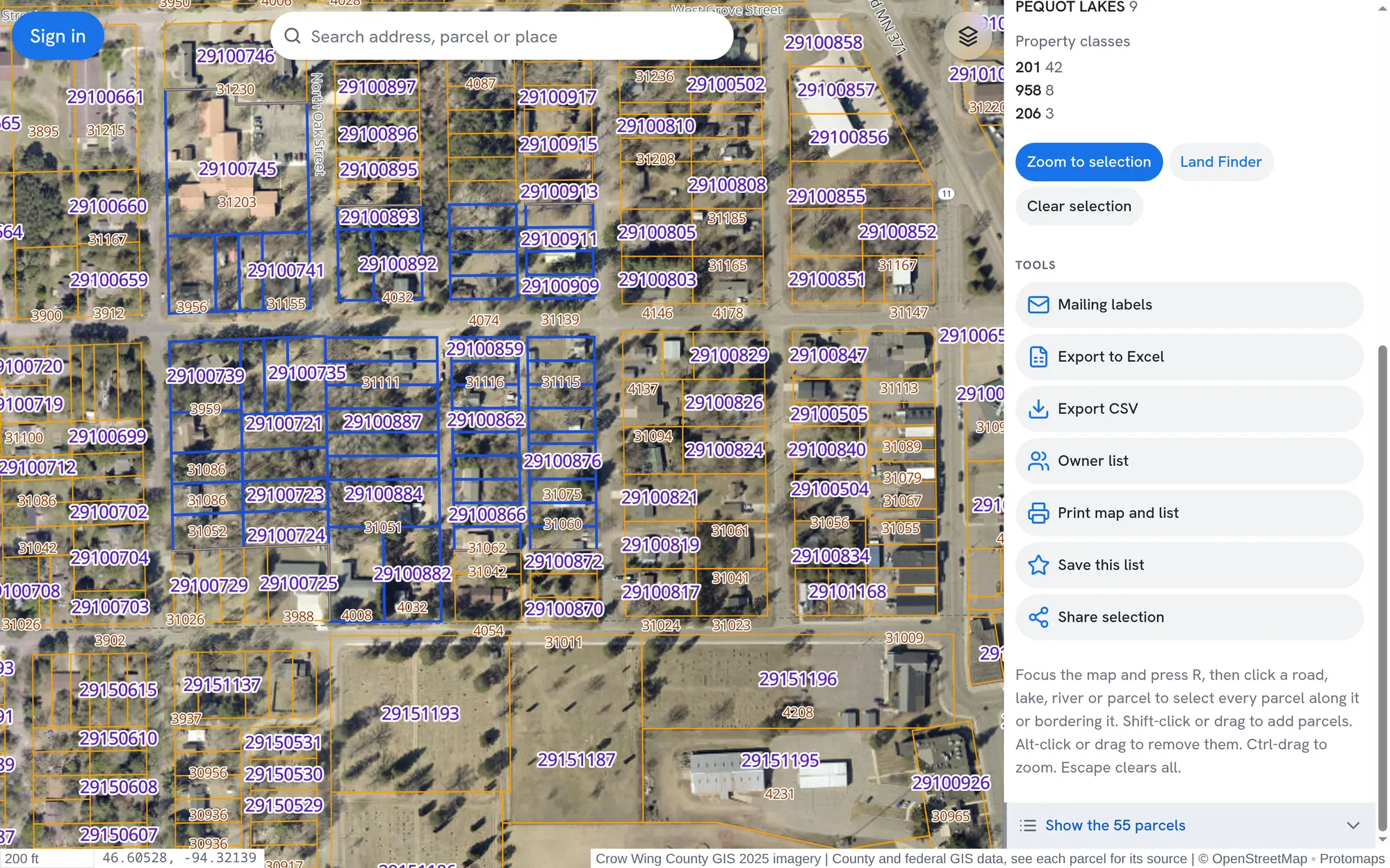 55 parcels selected in Pequot Lakes, Minnesota, with tools for mailing labels, Excel and CSV export, owner list, printing, saving and sharing